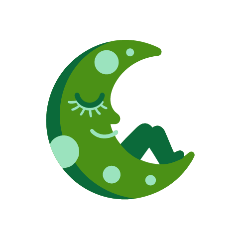 A green crescent moon mascot with pale round craters, one closed eye with lashes and a soft smile, curled up with tiny feet.