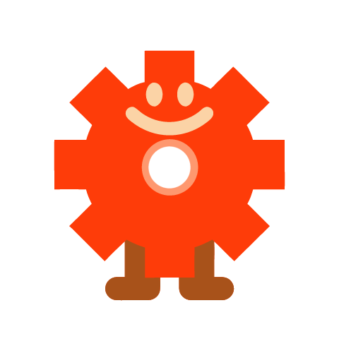 A red orange cog wheel mascot with a hole in the middle, small oval eyes and a grin, standing on two short brown legs.