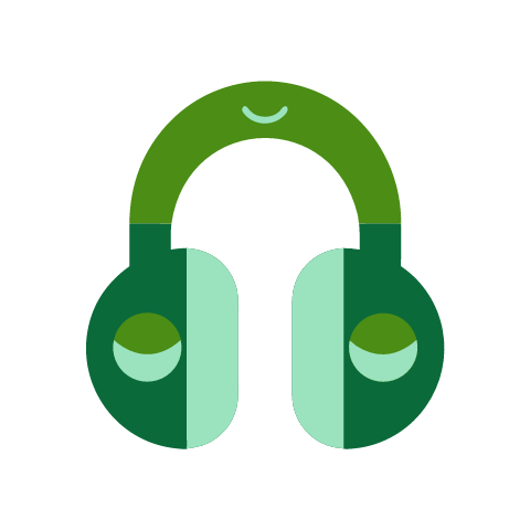 A pair of green over-ear headphones as a mascot, each ear cup with a closed eye and a small smile on the headband.