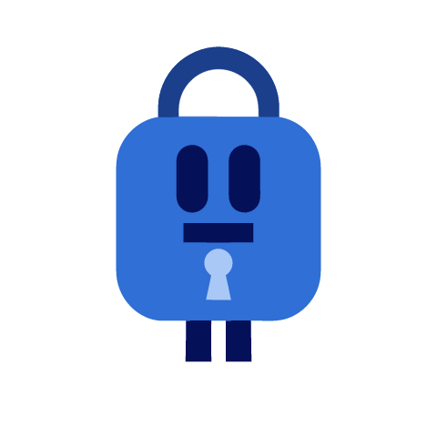 A blue padlock mascot with a dark blue shackle, two tall oval eyes, a flat mouth and a pale blue keyhole, standing on two short legs.