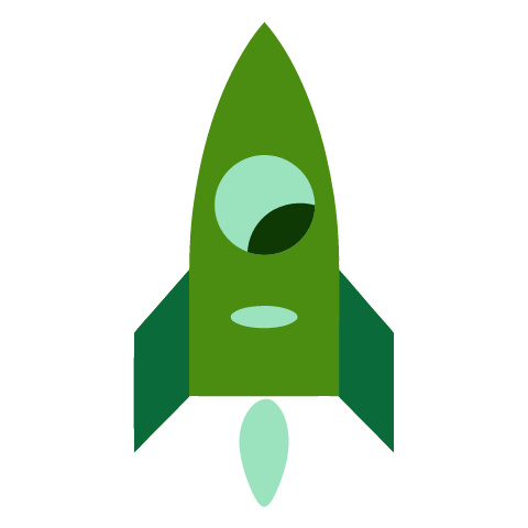 A green rocket mascot with two fins and a round porthole for an eye, lifting off on a short pale green flame.