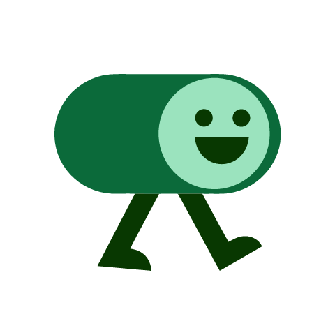 A dark green toggle switch mascot with its pale green knob slid to the right, the knob carrying a happy face, walking on two legs.