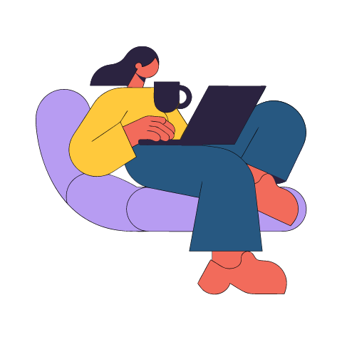 An organic cutout illustration of a woman with a dark ponytail in a sunflower yellow top and teal trousers, reclining on a lilac sofa with her legs crossed, typing on a dark laptop on her lap beside a dark mug.