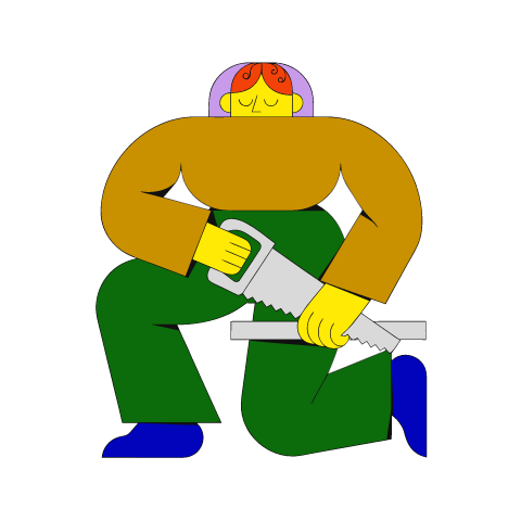 A flat illustration in big colour blocks of a kneeling carpenter in a mustard shirt and green trousers sawing a plank with a handsaw.