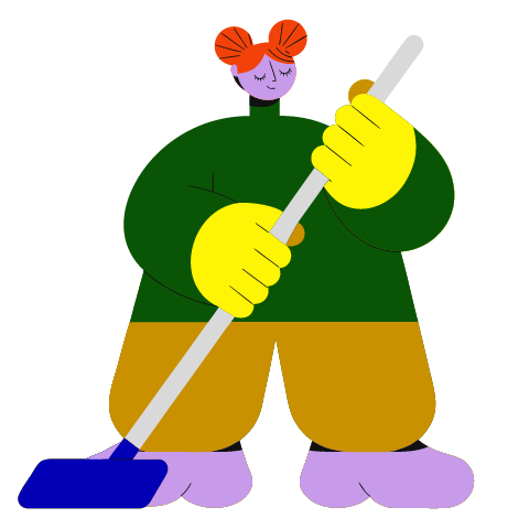 A flat illustration in big colour blocks of a cleaner with two hair buns in a green top mopping the floor with a blue mop.