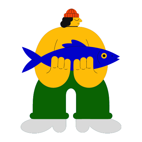 A flat illustration in big colour blocks of a fisher in a yellow raincoat and red orange hat holding a big blue fish across both arms.