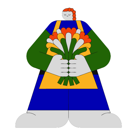 A flat illustration in big colour blocks of a florist in a blue dress and mustard apron holding a big bouquet of flowers in both arms.