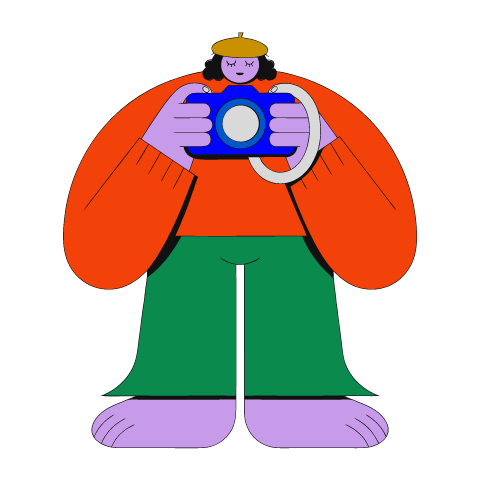 A flat illustration in big colour blocks of a photographer in a red orange sweater and mustard beret holding a blue camera to her face.