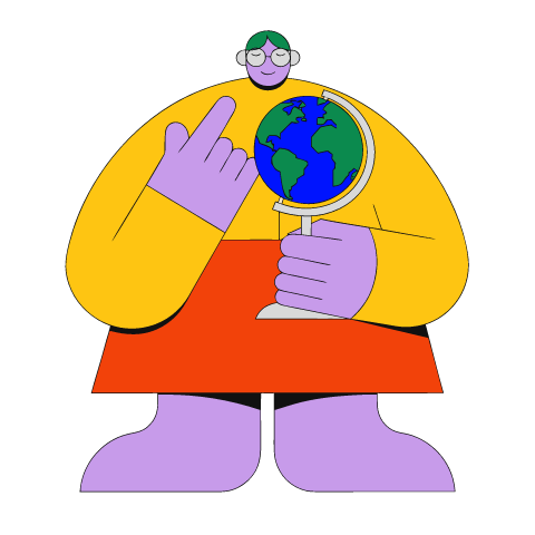 A flat illustration in big colour blocks of a teacher in a yellow cardigan and glasses pointing at a globe on a stand.