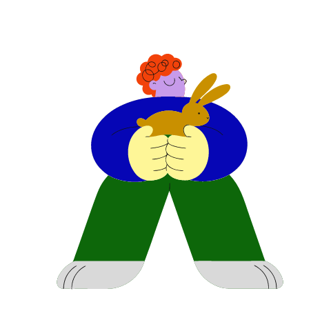 A flat illustration in big colour blocks of a vet in a blue coat cradling a small rabbit in both arms.