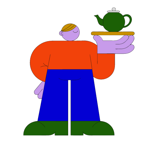 A flat illustration in big colour blocks of a waiter in a red orange jacket balancing a tray with a green teapot on one hand.
