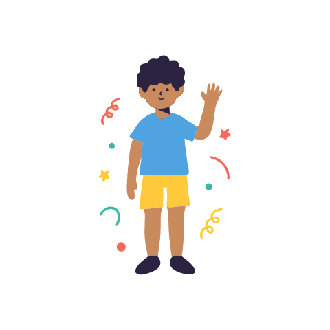 Yousef, in a sky blue t-shirt and mustard shorts, waves hello with one raised hand and a smile.