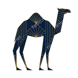 جمل واقف من الجانب بأسلوب الآرت ديكو، كحلي كله بخطوط ذهبية دقيقة، سنامه الواحد مقسوم إلى مروحتين ذهبيتين مشعتين، ورقبته طويلة منتصبة وقوائمه نحيلة.
