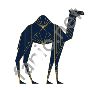 جمل واقف من الجانب بأسلوب الآرت ديكو، كحلي كله بخطوط ذهبية دقيقة، سنامه الواحد مقسوم إلى مروحتين ذهبيتين مشعتين، ورقبته طويلة منتصبة وقوائمه نحيلة.