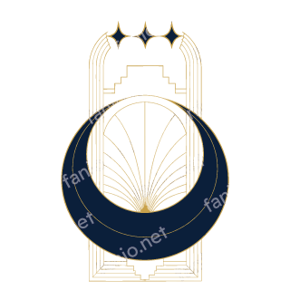 هلال كحلي بأسلوب الآرت ديكو داخل قوس ذهبي متدرج، تنبثق من وسطه أشعة ذهبية دقيقة، وفي الأعلى ثلاث نجوم كحلية رباعية الأطراف.