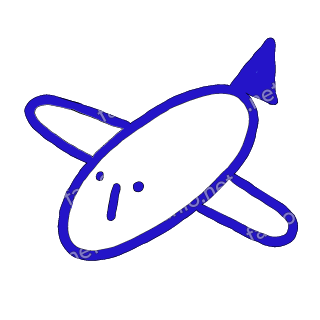 A child-like blue crayon doodle of a cigar-shaped airplane with two straight wings and a solid tail fin, flying at a tilt.
