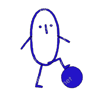 A child-like blue crayon doodle of a tall oval figure kicking one solid ball with its arms swinging.