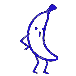 A child-like blue crayon doodle of a curved banana with a solid tip, leaning on two legs with one hand on its hip.