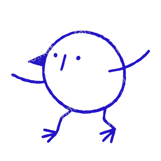 A child-like blue crayon doodle of a round bird with a small solid beak, hopping on two thin legs with its wings stretched out.