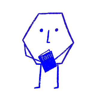 A child-like blue crayon doodle of a hexagon figure standing on two legs, holding one solid book in front of its body.