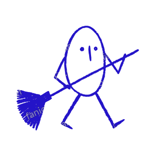 A child-like blue crayon doodle of an oval figure walking along and sweeping with one long broom held in both hands.