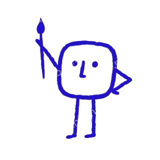 A child-like blue crayon doodle of a rounded square figure holding a long paintbrush up, its other hand on its hip.