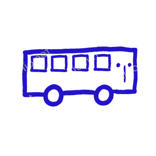 A child-like blue crayon doodle of a long bus with a row of four square windows, two round wheels and a small face at its front.