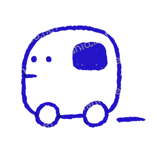 A child-like blue crayon doodle of a rounded little car with one solid window and two round wheels, driving to the left.