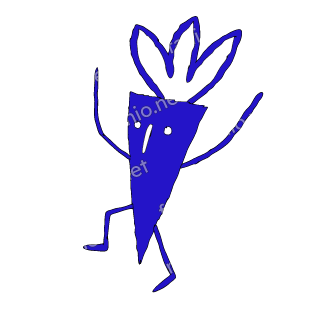 A child-like blue crayon doodle of a solid triangle carrot with three leaves on top, marching with its arms swinging.