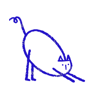 A child-like blue crayon doodle of an oval cat bowing into a long stretch, front legs reaching forward and a curly tail up.