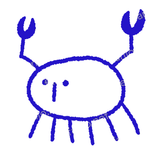 A child-like blue crayon doodle of an oval crab with a dotted face, two raised pincers and six short legs.
