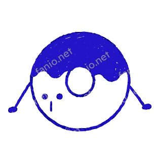 A child-like blue crayon doodle of a round donut with a solid wavy icing on its top half, its arms held out to the sides.