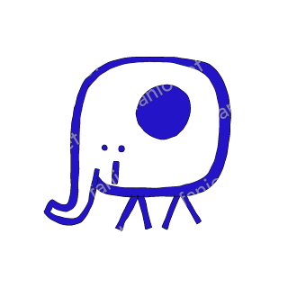 A child-like blue crayon doodle of an elephant made of one rounded square, with a short curled trunk, one solid round ear and four short legs.