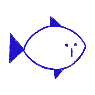 A child-like blue crayon doodle of a lemon-shaped fish with a solid triangle tail and two small fins, swimming to the right.