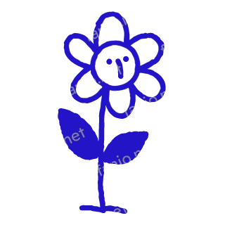 A child-like blue crayon doodle of a flower with five round petals, a face in its centre and two solid leaves on its stem.
