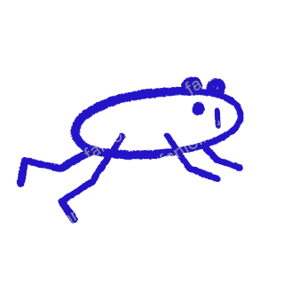 A child-like blue crayon doodle of a flat oval frog with two round eye bumps, leaping forward with its legs kicked back.