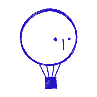 A child-like blue crayon doodle of a round hot air balloon with a small face and a solid square basket hanging below.