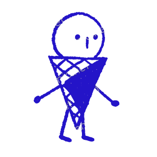 A child-like blue crayon doodle of a round scoop on a criss-cross cone, standing on two legs with its arms held out.