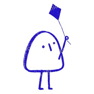 A child-like blue crayon doodle of a drop-shaped figure on long legs, holding the string of one small diamond kite.