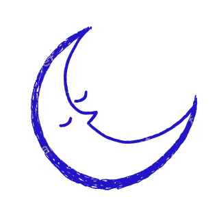 A child-like blue crayon doodle of a crescent moon with closed curved eyes and a small nose, peacefully asleep.