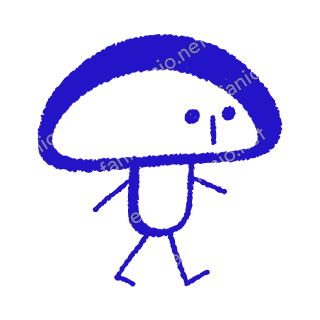 A child-like blue crayon doodle of a mushroom with a wide solid-rimmed cap and a short stem, walking on two stick legs.