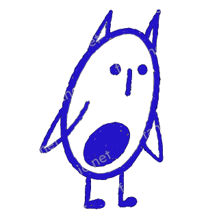 A child-like blue crayon doodle of an egg-shaped owl with two pointed ear tufts, a solid round belly patch and folded wings.