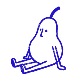 A child-like blue crayon doodle of a pear with a curved stem, sitting down with its legs stretched forward.