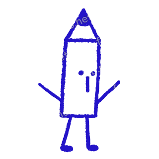 A child-like blue crayon doodle of a tall pencil with a solid tip, standing upright with its arms out to the sides.