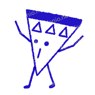 A child-like blue crayon doodle of a triangle pizza slice with a solid crust band and three triangle toppings, raising its arms.
