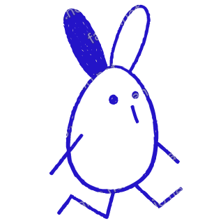 A child-like blue crayon doodle of an egg-shaped rabbit with two long ears, one of them filled, hopping on bent stick legs.
