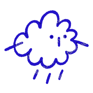 A child-like blue crayon doodle of a bumpy cloud with a small face and three short rain strokes falling below it.