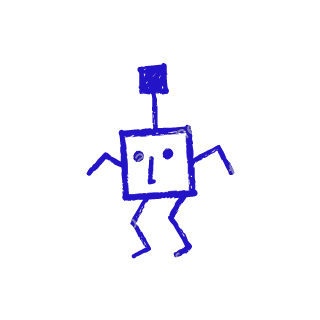 A child-like blue crayon doodle of a square robot with one antenna topped by a solid square knob, walking with bent arms.