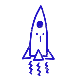 A child-like blue crayon doodle of a tall pointed rocket with one round window, three fins and zigzag flames below.