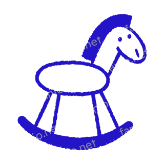 A child-like blue crayon doodle of a rocking horse with a solid mane and four legs standing on one curved rocker.